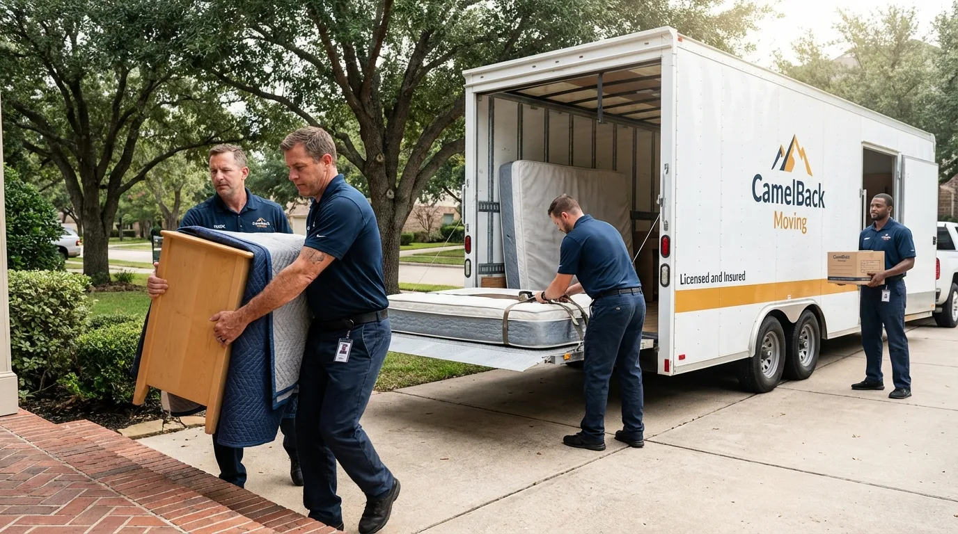 Crew loading residential truck for cross-state move from Moorpark, CA