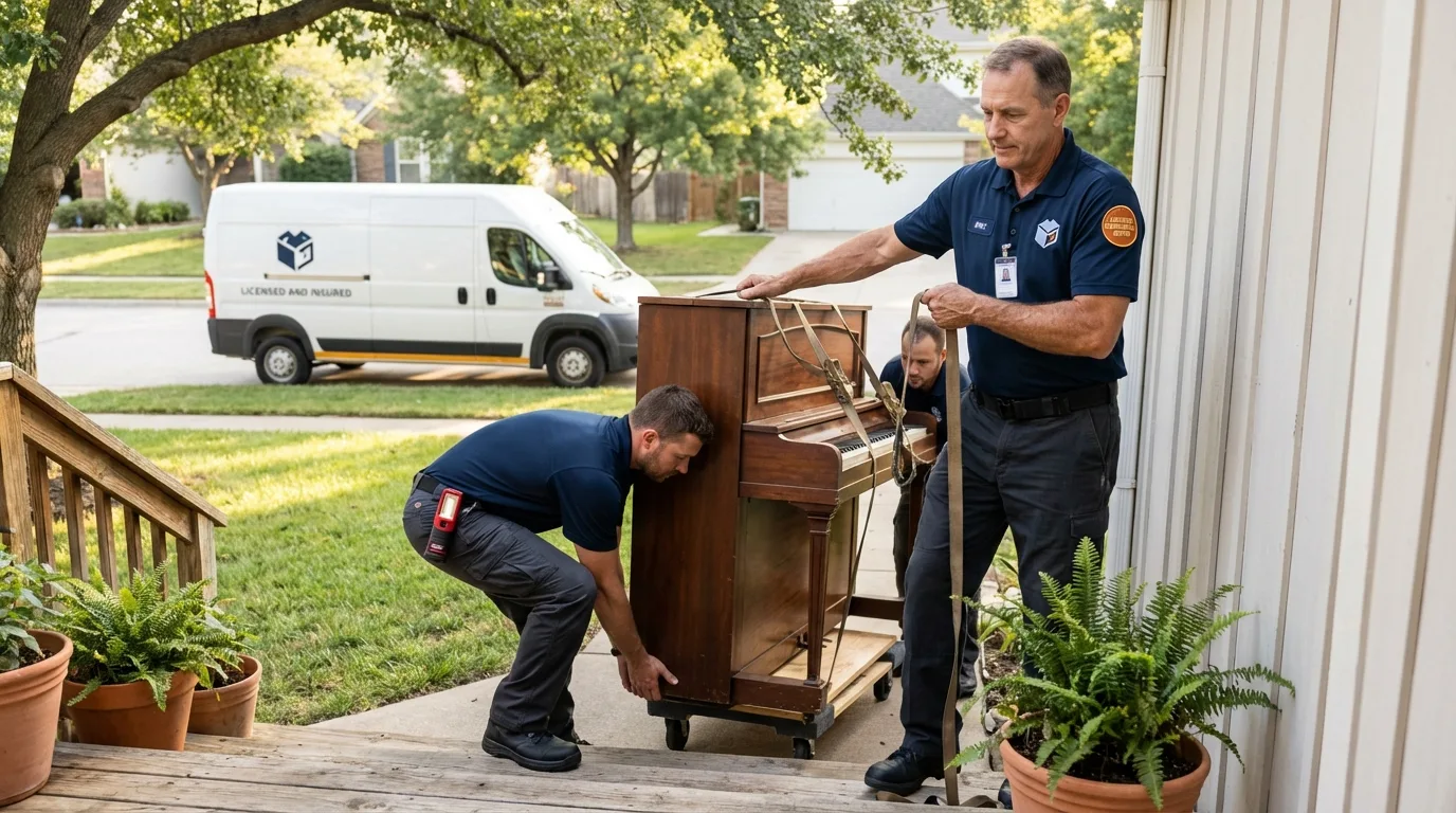 Licensed piano movers securing grand piano in Moorpark, CA