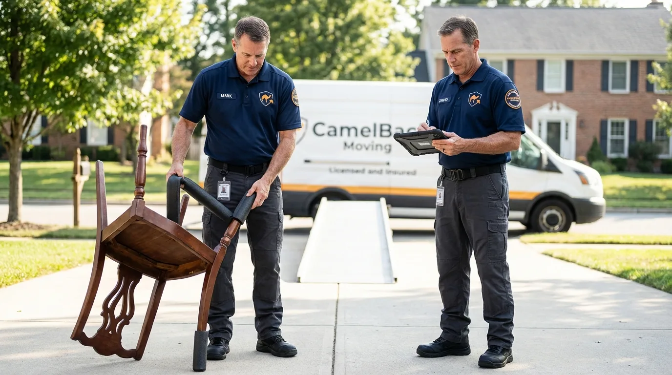 Movers inspecting furniture for damage prevention before loading in Moorpark, CA