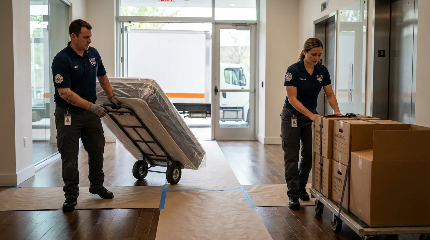 Professional apartment movers loading elevator in Moorpark, CA